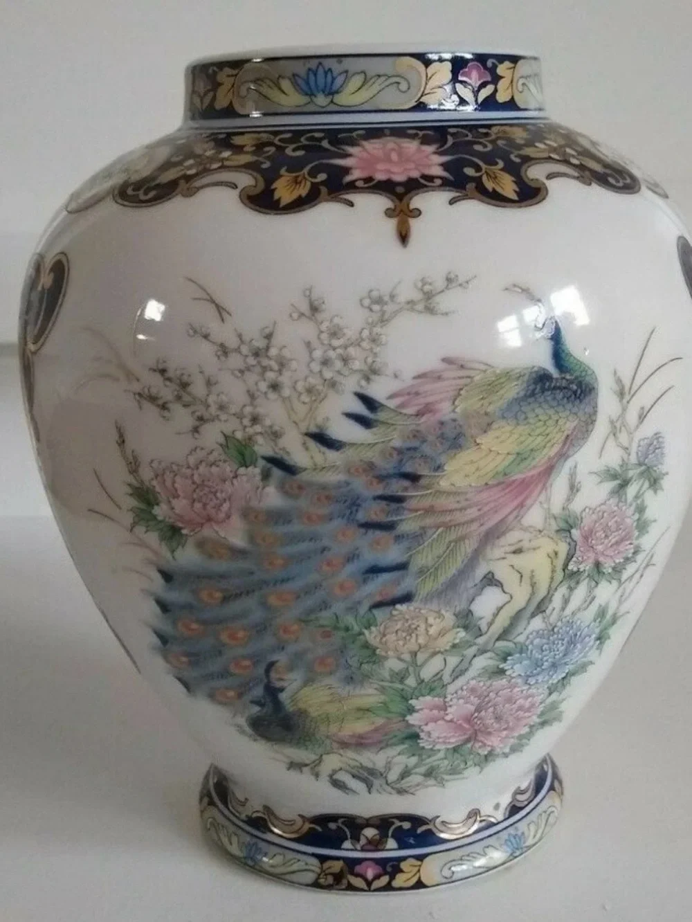 Decorative Peacock Porcelain Vase - White with Multicolor Design